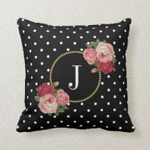 Chic Black  Flowers Polka Dots Monogram