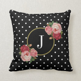 Chic Black  Flowers Polka Dots Monogram Kussen