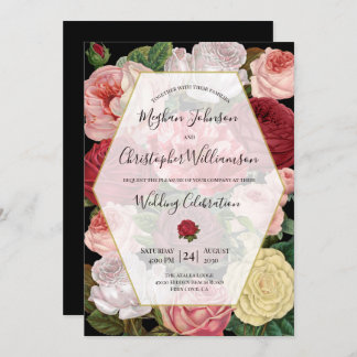 Chic Black Geometric  Rozen Floral Wedding Kaart