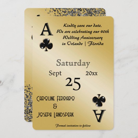 Chic Black Glitter & Ace of Clubs Bewaar de datum Kaart (Voorkant / Achterkant)