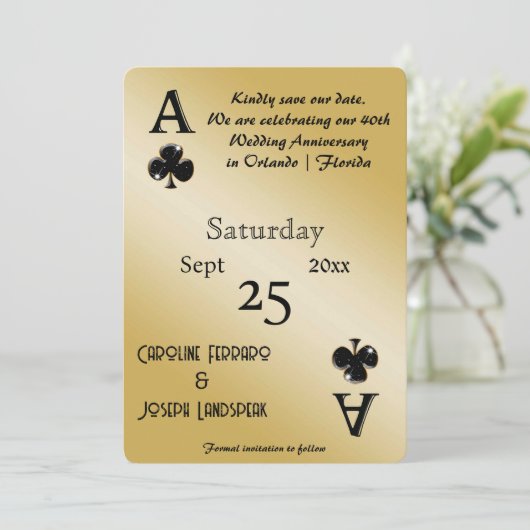 Chic Black Glitter & Ace of Clubs Bewaar de datum Kaart (Staand voorkant)