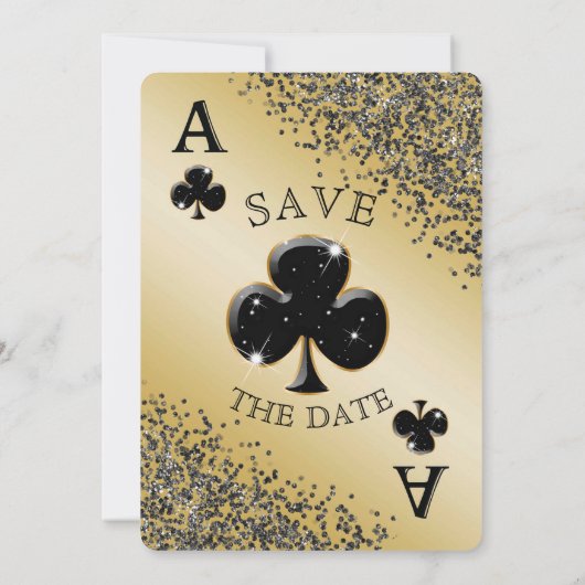 Chic Black Glitter & Ace of Clubs Bewaar de datum Kaart (Achterkant)