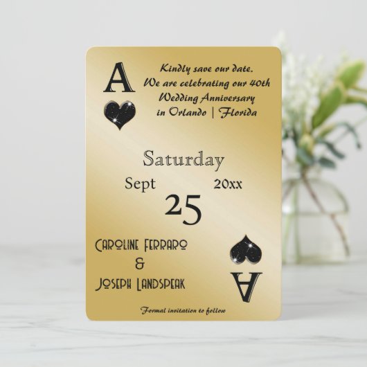 Chic Black Glitter & Ace of Hearts Bewaar de datum Kaart (Staand voorkant)