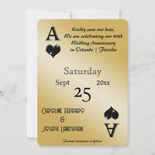 Chic Black Glitter & Ace of Hearts Bewaar de datum Kaart (Voorkant)