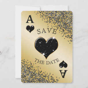 Chic Black Glitter & Ace of Hearts Bewaar de datum Kaart