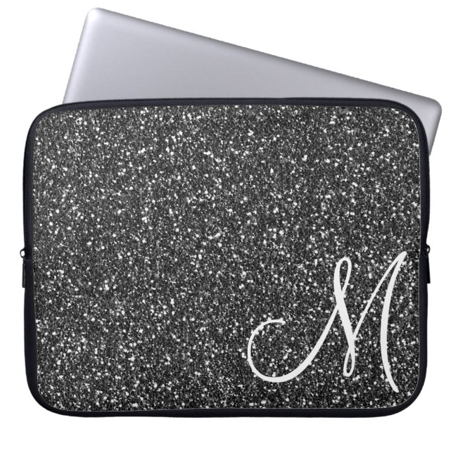 Chic Black Glitter Monogram Trendy Laptop Sleeve (Voorkant)