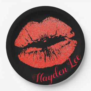 Chic Black & Glitter Red Lips print papieren borde Bordje