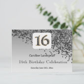 Chic Black Glitter, Sixteen Birthday RSVP (Staand voorkant)