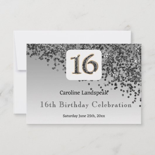 Chic Black Glitter, Sixteen Birthday RSVP Kaartje (Voorkant)