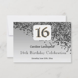 Chic Black Glitter, Sixteen Birthday RSVP Kaartje