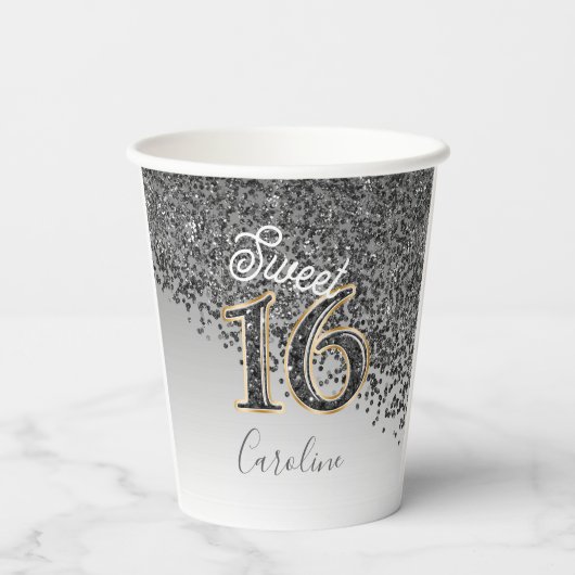 Chic Black Glitter Sweet 16 verjaardag Papieren Bekers (Achterkant)