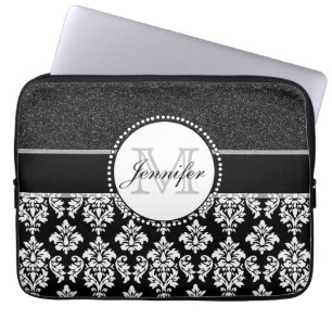 Chic Black Glitter White Damask Monogram Naam Laptop Sleeve