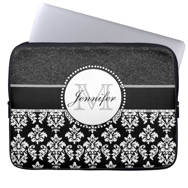 Chic Black Glitter White Damask Monogram Naam Laptop Sleeve (Voorkant)