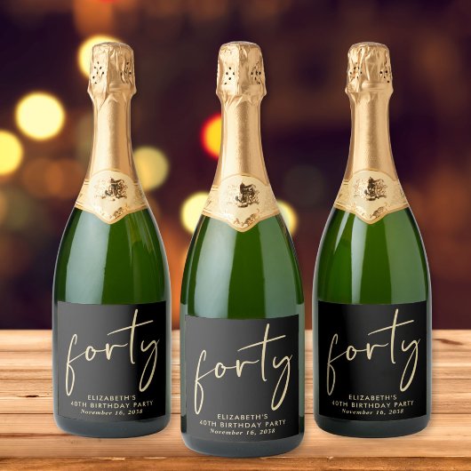 Chic Black Gold 40e verjaardagsfeestje Sparkling Wijnetiket