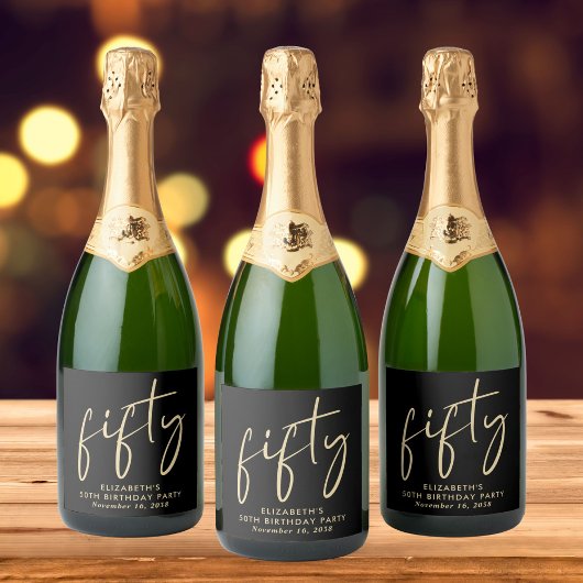 Chic Black Gold 50e verjaardagsfeestje Sparkling Wijnetiket