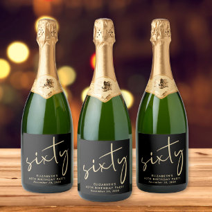 Chic Black Gold 60ste Verjaardagsfeest Sparkling Wijnetiket