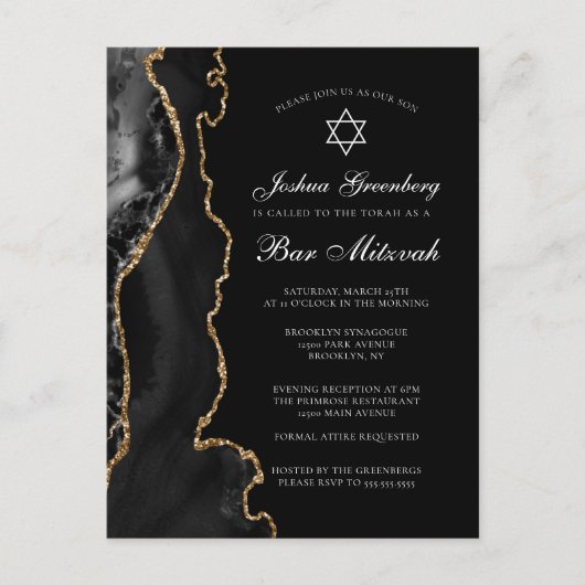 Chic Black Gold Agaat Bar Mitswa Uitnodiging voor  (Voorkant)