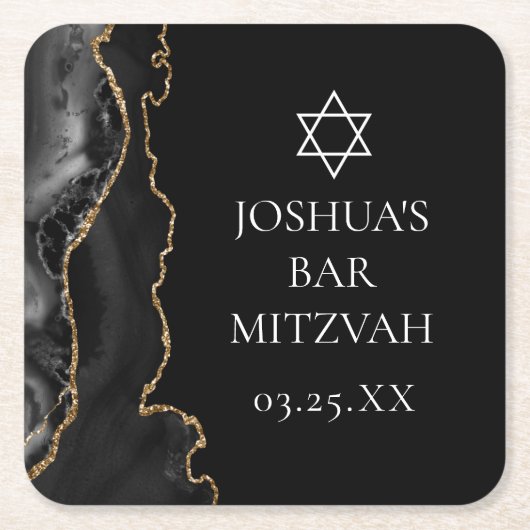 Chic Black Gold Agate Bar Mitswa Party Kartonnen Onderzetters (Voorkant)