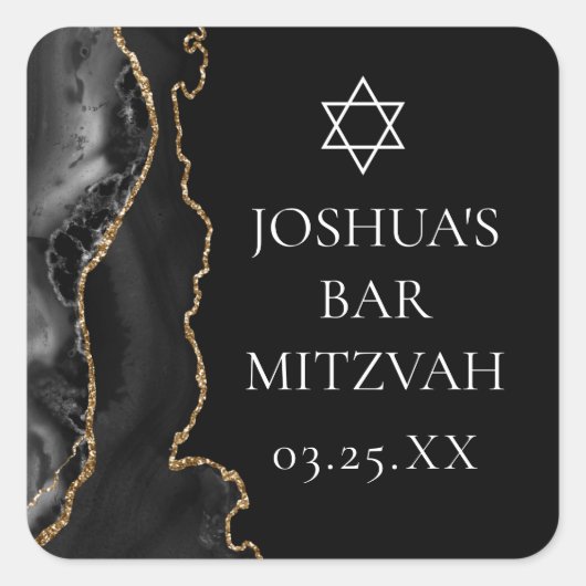Chic Black Gold Agate Bar Mitswa Party Vierkante Sticker (Voorkant)