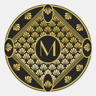 Chic Black & Gold Art Deco Fan Pattern-monogram Ronde Sticker