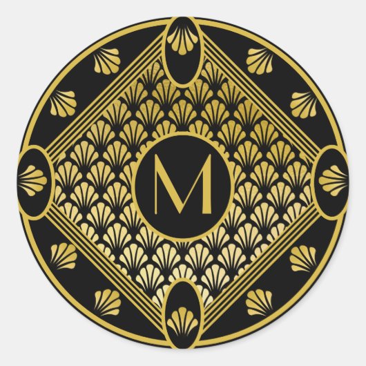 Chic Black & Gold Art Deco Fan Pattern-monogram Ronde Sticker (Voorkant)