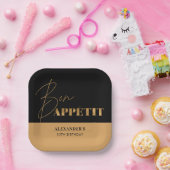 Chic Black Gold Bon Appétit Script Verjaardag Papieren Bordje (Feest)