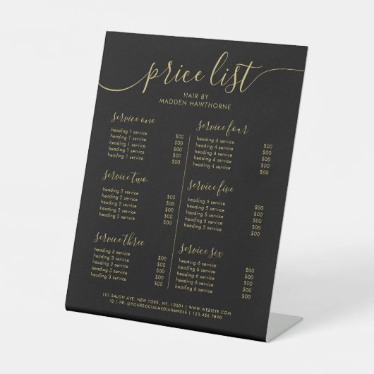 Chic Black Gold Calligraphy Service prijslijst Reclamebord Met Voetstuk (Voorkant)