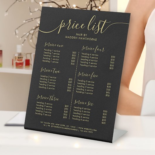 Chic Black Gold Calligraphy Service prijslijst Reclamebord Met Voetstuk