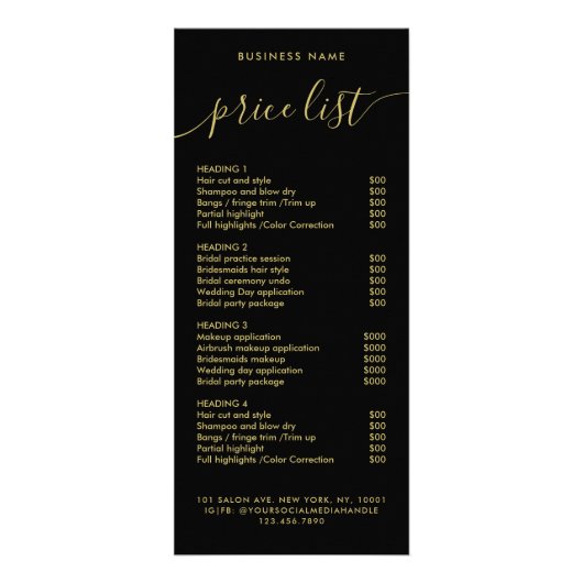 Chic Black Gold Calligraphy Services Prijslijst Reclamekaart (Voorkant)