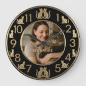 Chic Black & Gold Cat Lover's Wall Clock Grote Klok (Voorkant)