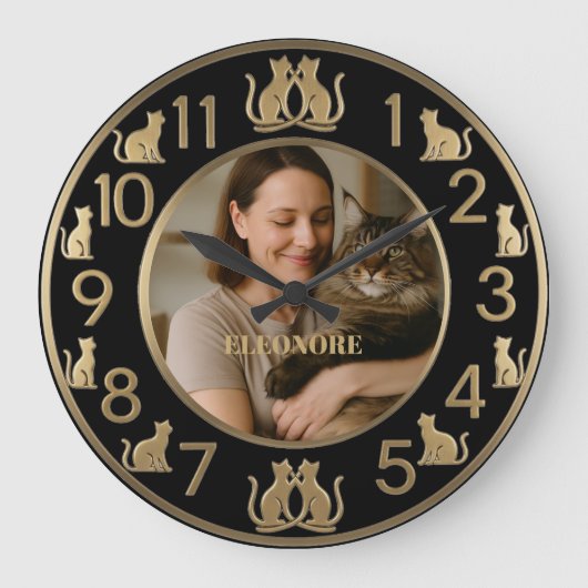 Chic Black & Gold Cat Lover's Wall Clock Grote Klok (Voorkant)