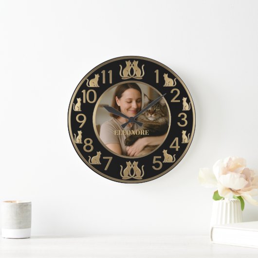 Chic Black & Gold Cat Lover's Wall Clock Grote Klok (Huis)