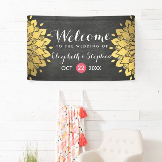 Chic Black & Gold Chalkboard Floral Wedding Banner (Insitu)