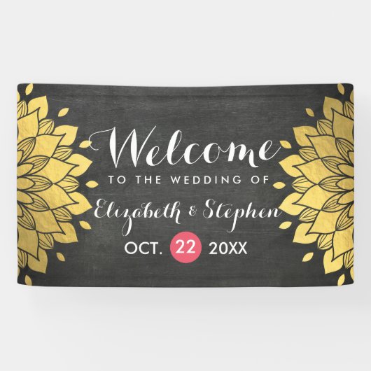Chic Black & Gold Chalkboard Floral Wedding Banner (Horizontaal)