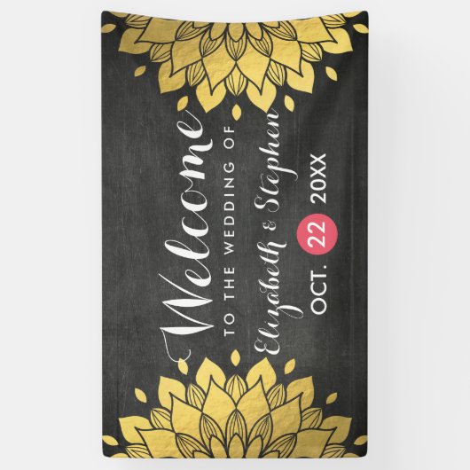 Chic Black & Gold Chalkboard Floral Wedding Banner (Verticaal)