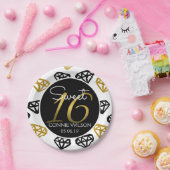 Chic Black & Gold Diamond 16e verjaardag, aangepas Papieren Bordje (Feest)