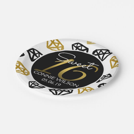 Chic Black & Gold Diamond 16e verjaardag, aangepas Papieren Bordje (Gekanteld)