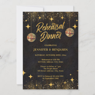Chic Black Gold Disco Bal Rehearsal Dinner Kaart