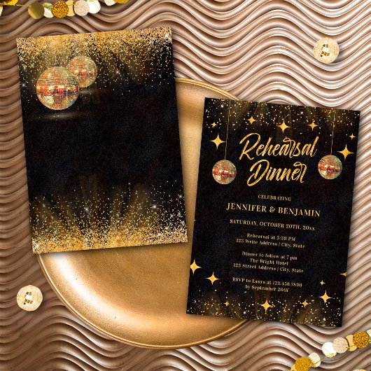 Chic Black Gold Disco Bal Rehearsal Dinner Kaart