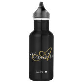 Chic Black Gold Elegant Monogram Script Name Stai Waterfles (Rechts)