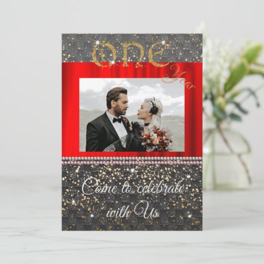 Chic Black Gold en Pearls 1st Wedding Jubileum Kaart (Staand voorkant)