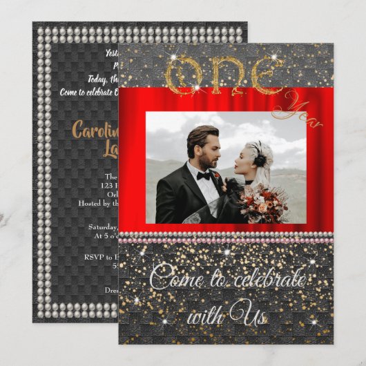 Chic Black Gold en Pearls 1st Wedding Jubileum Kaart (Voorkant / Achterkant)