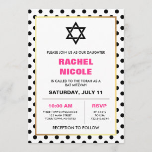 Chic Black Gold en Pink Polka Dots Bat Mitzvah Kaart