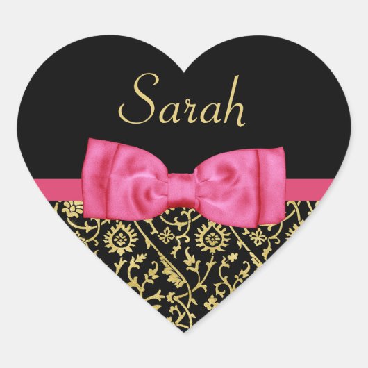 Chic Black Gold Floral Damask Pink Bow and Name Hart Sticker (Voorkant)