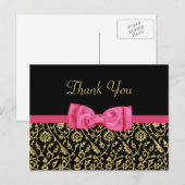 Chic Black Gold Floral Damask Pink Bow Hartelijk d Briefkaart (Voorkant / Achterkant)