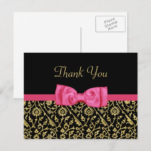 Chic Black Gold Floral Damask Pink Bow Hartelijk d Briefkaart (Voorkant / Achterkant)