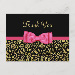 Chic Black Gold Floral Damask Pink Bow Hartelijk d Briefkaart