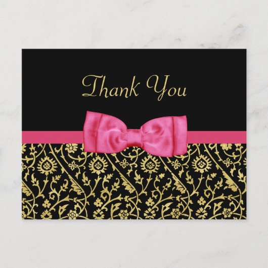 Chic Black Gold Floral Damask Pink Bow Hartelijk d Briefkaart (Voorkant)