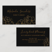 Chic Black Gold Floral Line Drawing Event Planner Visitekaartje (Voorkant / Achterkant)