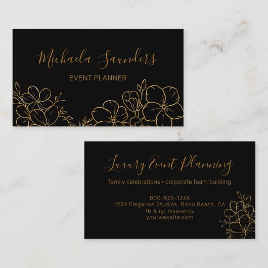 Chic Black Gold Floral Line Drawing Event Planner Visitekaartje (Voorkant / Achterkant)